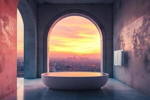 ai generato un' moderno bagno con un arcuato finestra, offerta un' mozzafiato tramonto Visualizza nel il cuore di il città. ai generato foto
