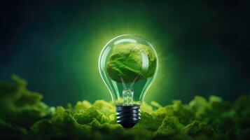 ai generato illuminare il verde energia concetto con un' lampadina sagomato come pianeta terra contro un' verdeggiante sfondo. ai generato. foto