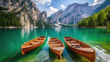 ai generato Barche su Braies lago nel dolomiti montagne, un' pittoresco scena di alpino la tranquillità, ai generato. foto