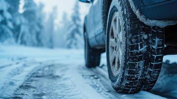 ai generato avvicinamento dettaglio di un' auto con focalizzata pneumatici nel un' nevoso inverno paesaggio, un' gelido scena, ai generato. foto