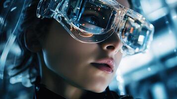 ai generato dettagliato Visualizza di High Tech ai occhiali, il futuro di inteligente occhiali, ai generato foto