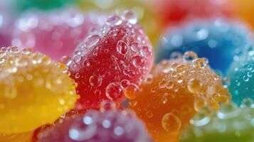 ai generato un' avvicinamento di un' grappolo di colorato caramelle ornato con scintillante acqua goccioline, aggiungendo un' delizioso toccare per loro dolcezza, ai generato. foto