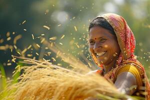 ai generato indiano femmina contadino Lavorando nel sua campo bokeh stile sfondo con generativo ai foto