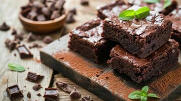 ai generato allettante e fresco, cioccolato brownies, un' delizioso trattare per il tuo gusto mini cuffie, ai generato. foto