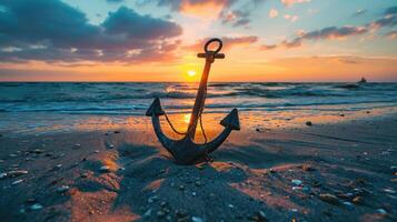 ai generato a tramonto, un ancora riposa su il sabbioso spiaggia, un' simbolo di marittimo la tranquillità, ai generato foto