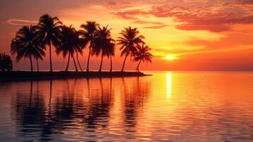 ai generato tramonto calchi un' caldo splendore al di sopra di palma alberi di il dell'acqua bordo, un' tropicale oasi, ai generato foto