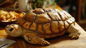 ai generato unico pane pagnotta somigliante un tartaruga riposo su un' di legno tavolo, ai generato foto