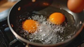 ai generato Due uova essere fritte nel un' padella con acqua, un' cucinando capolavoro, ai generato. foto