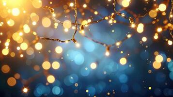 ai generato un' sfondo ornato con un' catena di luci e bokeh imposta il umore per festivo festa inviti. ai generato foto