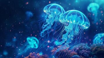 ai generato bioluminescente blu e alzavola raggiante Medusa illuminare il subacqueo oceano, circondato di marino vita, ai generato. foto