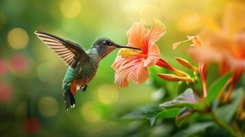 ai generato grazioso colibrì delicatamente sorsi nettare a partire dal un' vivace fiore, a metà volo, ai generato. foto