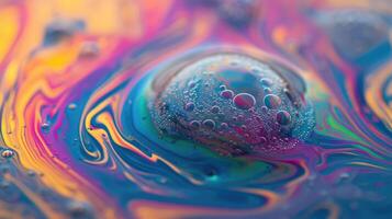 ai generato avvicinamento di un' sapone bolla ornato con colorato vortici, un' ipnotizzante e effimero arte, ai generato. foto