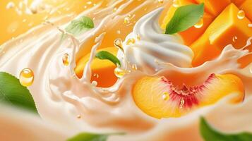 ai generato Pesche e Mango spruzzi in latte, Yogurt, e acida crema, un' fruttato spettacolo, ai generato. foto