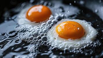 ai generato Due uova essere fritte nel un' padella con acqua, un' cucinando capolavoro, ai generato. foto