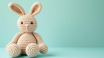 ai generato uncinetto coniglio giocattolo vivace sfondo, fatto a mano e adorabile, ai generato foto