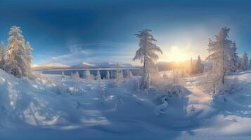 ai generato imbarcarsi su un' invernale avventura con un' 360 gradi Visualizza di un' sereno nevoso paesaggio. ai generato. foto