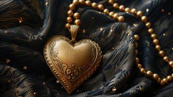 ai generato a forma di cuore pendente su nero stoffa, accentato con oro perline per eleganza, ai generato foto