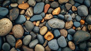 ai generato avvicinamento di ciottolo pietre su il costa, la creazione di un' naturale spiaggia pietre sfondo nel un' superiore Visualizza, ai generato foto