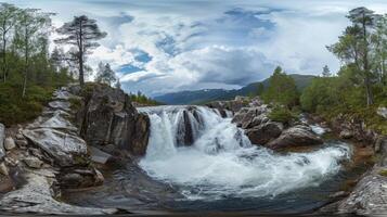 ai generato prendere un' virtuale viaggio con un' 360 gradi Visualizza di un' maestoso cascata nel della Norvegia incontaminato natura selvaggia. ai generato. foto