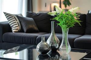 ai generato un' elegante nero divano e caffè tavolo ornato con decorativo vasi, ai generato foto