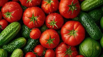 ai generato un' abbondante mucchio di totale bagnato pomodori e cetrioli, la creazione di un' senza soluzione di continuità sfondo Perfetto per involucri, ai generato. foto