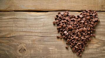 ai generato cioccolato patatine fritte disposte nel un' cuore forma su un' di legno pavimento, affascinante e dolce, ai generato foto