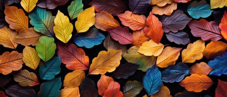 ai generato colorato caduto autunnale le foglie ornato nel il vivace tonalità di un' arcobaleno, ai generato. foto