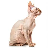 ai generato un' elegante sphynx gatto, privo di pelliccia, sta su su un' bianca sfondo, ai generato foto