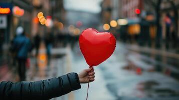 ai generato rosso cuore Palloncino tenuto di qualcuno su un' vivace strada, ai generato foto