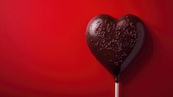 ai generato cioccolato cuore lecca-lecca simboleggiante dolce amore su un' rosso sfondo, ai generato foto