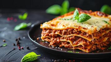 ai generato tradizionale Lasagna con Manzo bolognese e besciamella salsa, guarnito con basilico, ai generato. foto