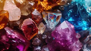 ai generato avvicinamento Visualizza di vario gioielli, minerale gemme, e cristalli per sfondi, ai generato foto