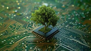 ai generato verde calcolo raffigurato come un' albero germinazione a il convergenza di un' computer circuito asse, ai generato foto