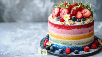 ai generato diletto nel il colorato spettacolo di un' arcobaleno torta, suo strati ornato con soffice frustato crema, un' dolce capolavoro, ai generato. foto