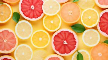 ai generato rinfrescante fette di arancia, Uva, e Limone impostato contro un' estate sfondo, ai generato foto