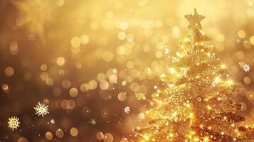ai generato oro Natale albero con luci e i fiocchi di neve per un' festivo sfondo, ai generato foto
