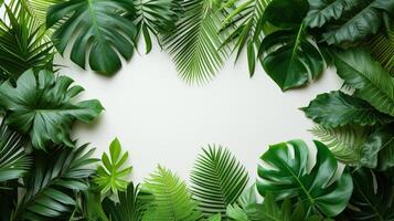 ai generato tropicale le foglie disposte su minimalista superfici, in mostra il bellezza di natura nel un' minimalista modo foto