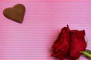 grande cuore sagomato cioccolato e rosa su un' rosa blu sfondo foto