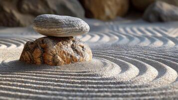 ai generato scarso tratti di pennello depict rocce e sabbia, evocando il la tranquillità di un' giapponese giardino foto