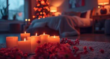 ai generato San Valentino giorno Camera da letto pieno di candele e cuore decorazioni foto
