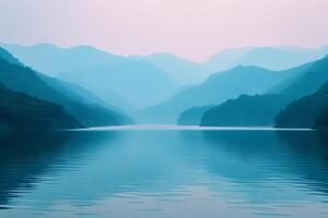 ai generato lento movimento di montagne su calma lago nel Cina foto