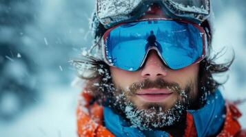 ai generato ritratto di un' bellissimo giovane uomo sciare nel il sfondo di alpino cloni foto