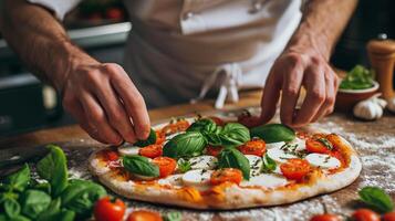 ai generato un' dello chef mani ad arte organizzazione fresco basilico le foglie su un' caprese Pizza foto