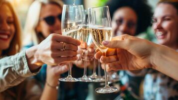 ai generato un' gruppo di amici tostatura con Champagne flauti, cattura il gioia di celebrazione foto