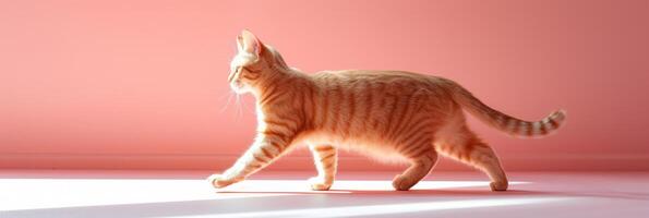 ai generato un' Zenzero arancia gatto è a piedi su un' leggero rosa sfondo foto