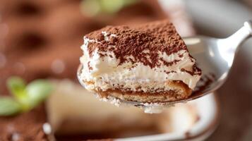 ai generato un' avvicinamento di un' cucchiaio di Tiramisù, cattura il delicato strati di imbevuto di caffè savoiardi e mascarpone foto