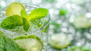 ai generato un' avvicinamento di un' Mojito bicchiere, evidenziazione suo menta foglie, lime cunei, e scintillante bibita foto