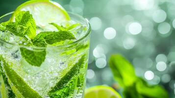 ai generato un' avvicinamento di un' Mojito bicchiere, evidenziazione suo menta foglie, lime cunei, e scintillante bibita foto