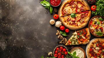 ai generato un' festivo Pizza festa, completare con un' varietà di condimenti per ospiti per personalizzare loro fette foto