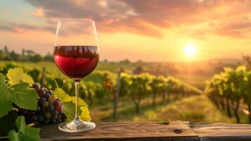 ai generato un' rustico vigneto paesaggio a tramonto, con righe di viti e un' bicchiere di rosso vino foto